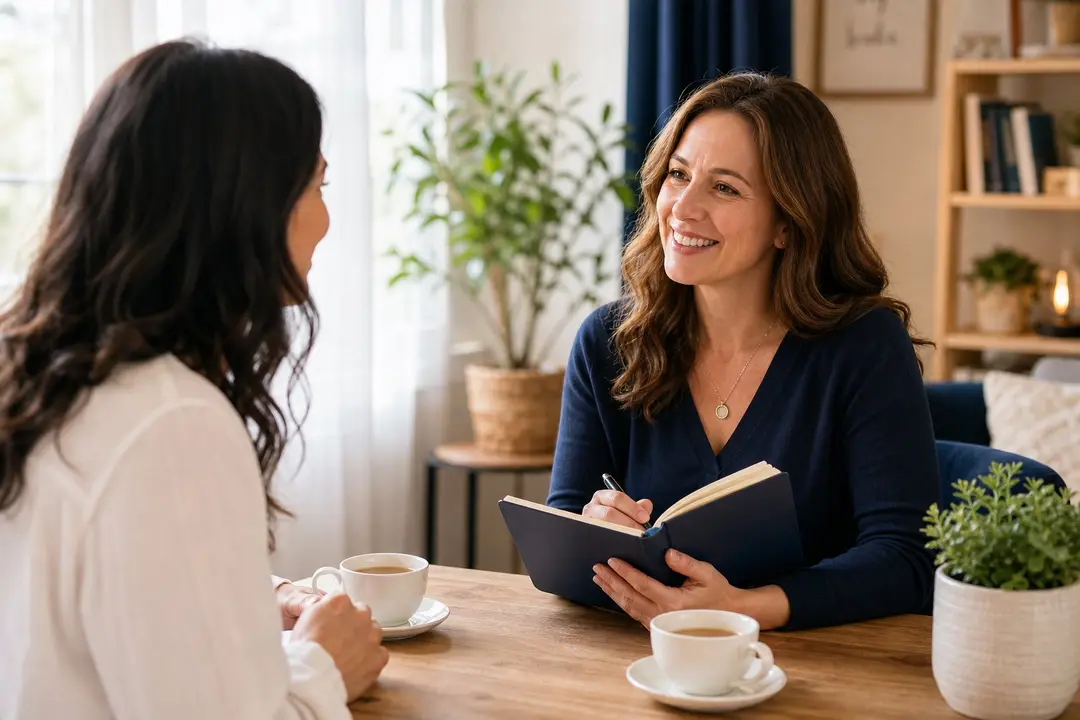 A warm one-on-one coaching conversation across a wooden table with tea and a notebook