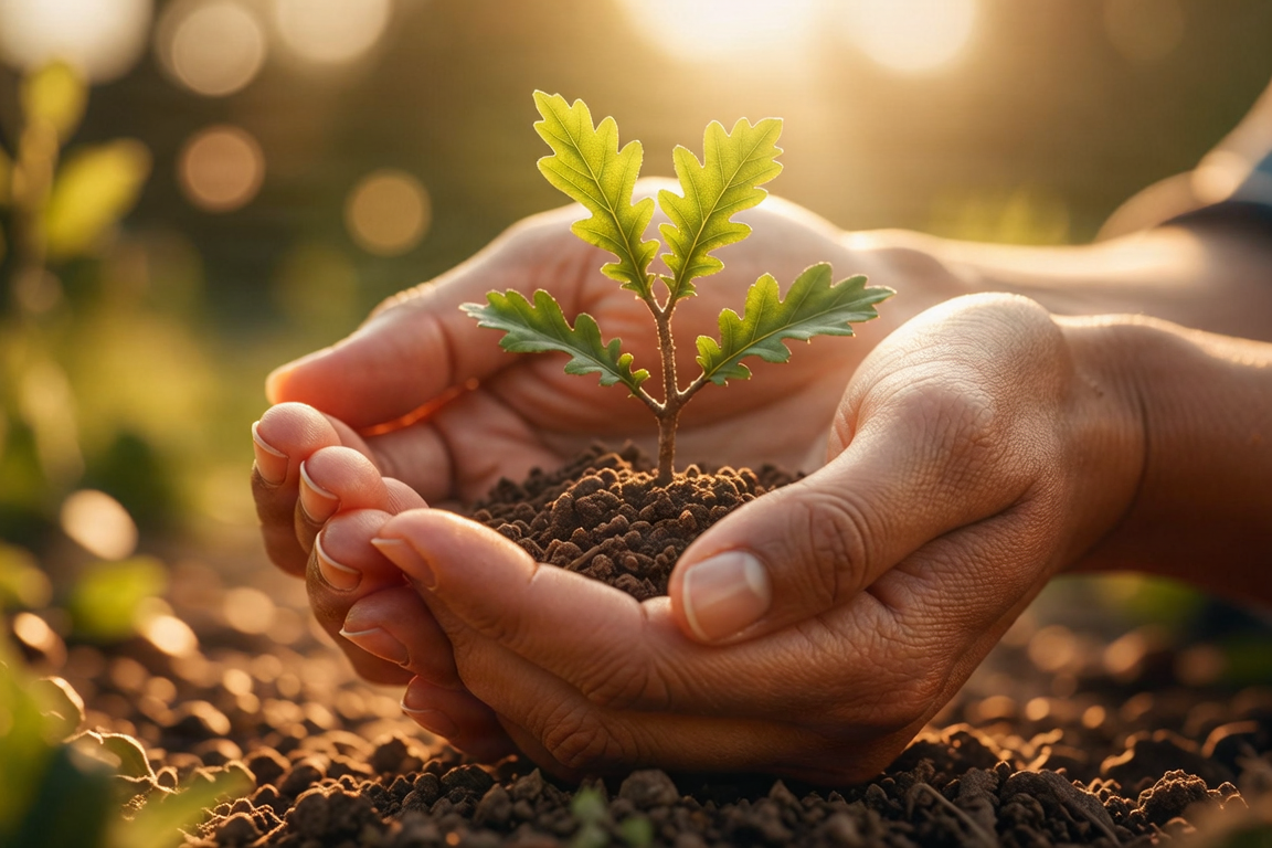 Hands holding a small oak sapling in soil with warm sunlight